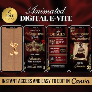 Masquerade Ball Animated Invitation | Luxury Black Gold Party Video Invite | Royal Masquerade Theme Digital E-Invite | Birthday Gala Event