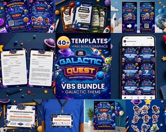 Vacation Bible Study Bundle Canva Template | Church VBS Event Pack | Kids Ministry | Editable Children Galactic Space Theme Kit