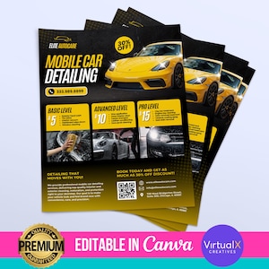 May include: A flyer advertising mobile car detailing services. The flyer features a yellow car and a black and yellow colour scheme. The flyer lists three service levels: Basic, Advanced, and Pro, with prices of &pound;5, &pound;10, and &pound;15, respectively. The flyer also includes a 30% off discount offer.