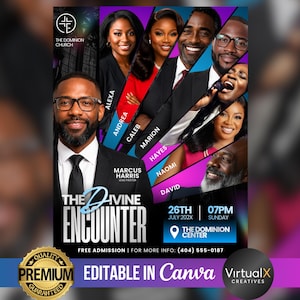 以下が含まれることがあります： The Dominion Churchで開催されるイベント「The Divine Encounter」のプロモーションチラシ。マーカス・ハリス氏や他の人々のポートレートが掲載されています。テキストにはイベントの詳細、日付、時間、場所、連絡先情報が暗い背景に記載されています。