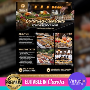 Cateringserviceflyer, horecabedrijf flyer evenement, bewerkbaar voedselmenu, restaurantmarketing, voedselverkoop, afdrukbare doe-het-zelfcanvasjabloon
