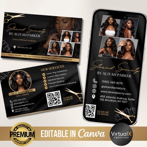 Könnte beinhalten: Schwarze und goldene Visitenkarten und ein Smartphone zeigen das Strand Society-Logo und Kontaktinformationen. Die Karten zeigen Bilder von Frauen mit langen, dunklen Haaren und den Text "Luxury Installs, Sew-Ins, Precision Braiding, Custom Wig Creations."