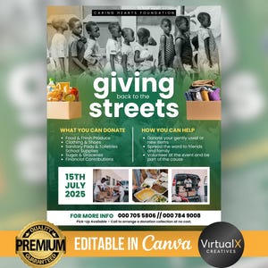 May include: A flyer for a community event called "Giving Back to the Streets" on July 15th, 2025. The flyer features a group of people standing in line and a list of items that can be donated, such as food, clothing, and school supplies. The flyer also includes contact information for the event organizers.