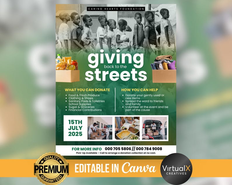 May include: A flyer for a community event called "Giving Back to the Streets" on July 15th, 2025. The flyer features a group of people standing in line and a list of items that can be donated, such as food, clothing, and school supplies. The flyer also includes contact information for the event organizers.