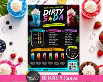 Dirty Soda Menu Flyer, Drink Stand Canva Template, Summer Beverage Pricelist, Juice Bar Menu, Editable Soda Shop Sign, Chill Bar Poster