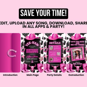 May include: A pink and black digital invitation with a cow print background. The invitation is for a birthday hoedown and includes the text "Yee-Haw!" and "Birthday Hoedown".