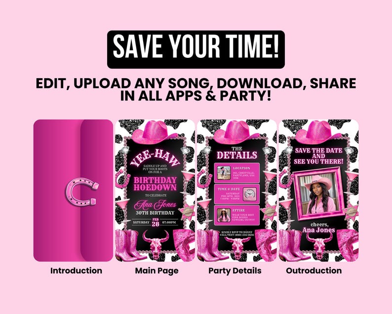 May include: A pink and black digital invitation with a cow print background. The invitation is for a birthday hoedown and includes the text "Yee-Haw!" and "Birthday Hoedown".