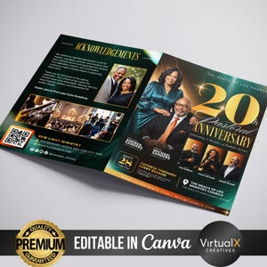 May include: A bi-fold church anniversary program featuring gold and dark green accents. The cover displays the text 20th Pastoral Anniversary, photos of church leadership, and event details. The interior includes acknowledgments and a QR code.