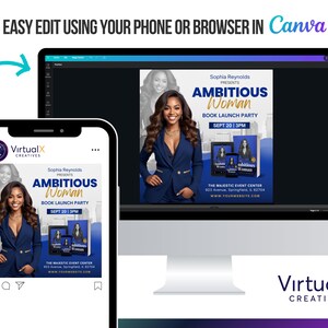 May include: A digital design featuring a woman in a blue blazer, promoting a book launch party. The text reads "Ambitious Woman" and "Sept 20 | 3PM". The design is displayed on a phone and computer screen, with the Canva logo visible.