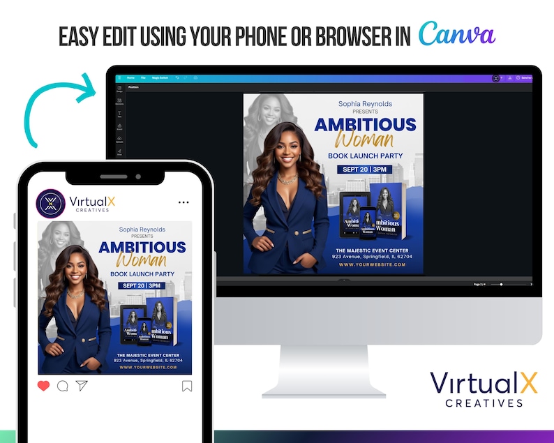 May include: A digital design featuring a woman in a blue blazer, promoting a book launch party. The text reads "Ambitious Woman" and "Sept 20 | 3PM". The design is displayed on a phone and computer screen, with the Canva logo visible.