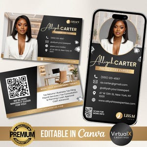 Op de afbeelding: Visitekaartje en telefoon mockup met een vrouw in een witte blazer. De kaart heeft een zwart en goud ontwerp met de naam "Alliyah Carter, Premium Tax Expert". De telefoon toont hetzelfde ontwerp. Er is ook een QR-code aanwezig.