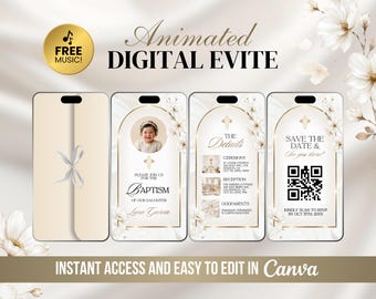 Animated Baptism Invitation, Digital Gold Beige Christening Invite, Baby Dedication Video Evite with Photo, Editable in Canva