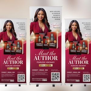 Puede incluir: Tres banners enrollables con una mujer en una blazer roja. Los banners promocionan un libro titulado "Fearless Visionary" de Sophia Reynolds. Los banners incluyen el texto "Meet the Author" y c&oacute;digos QR.