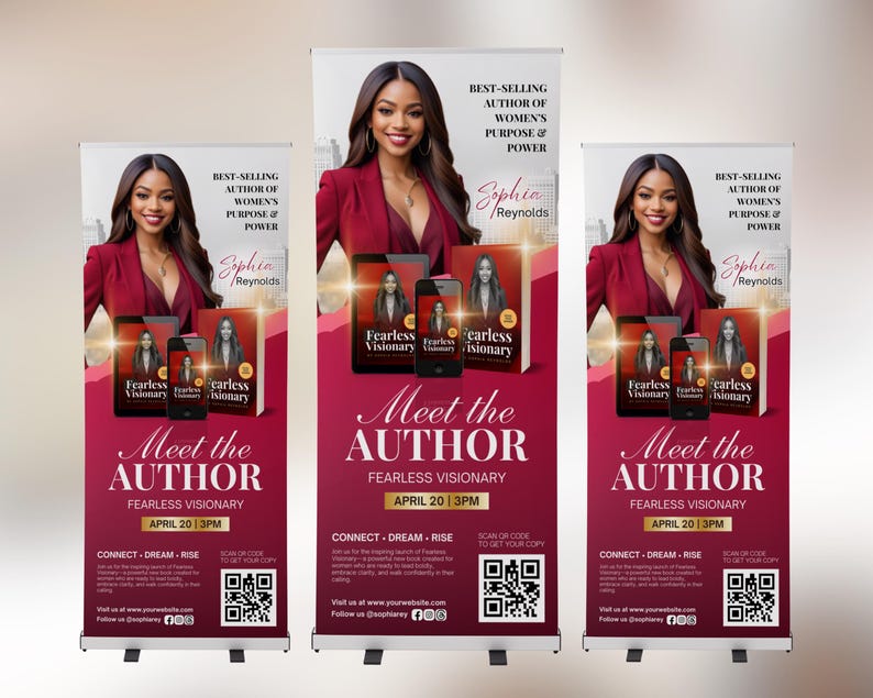 Puede incluir: Tres banners enrollables con una mujer en una blazer roja. Los banners promocionan un libro titulado "Fearless Visionary" de Sophia Reynolds. Los banners incluyen el texto "Meet the Author" y c&oacute;digos QR.
