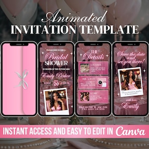 Bridal Shower Invite, Editable Pink Floral Bachelorette Party Animated Invitation, Bridal Shower Brunch Bach, Bach Video Canva Template