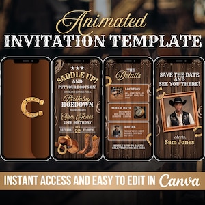 Western Hoedown Birthday Party Invite, Saddle Up and Put Your Boots On Animated Invitation, Cowboy Evite, Digital Rodeo Canva Template DIY