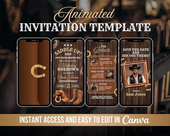 Western Hoedown Birthday Party Invite, Saddle Up and Put Your Boots On Animated Invitation, Cowboy Evite, Digital Rodeo Canva Template DIY