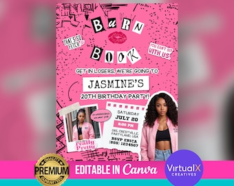 Burn Book Birthday Party Invitation, Fetch Inspired Bday Invite, You Cant Sit With Us Bachelorette Party, DIY Template Design, Pink Girl