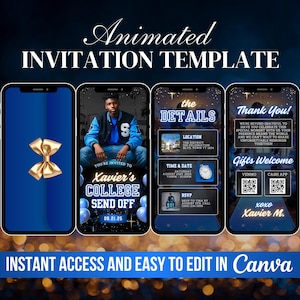 Blue College Send Off Invite, Graduation Farewell Party Invitation, Men&#39;s Boy&#39;s University Celebration, Animated Grad Video, DIY Canva Evite