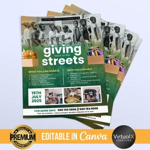 May include: A flyer for a charity event called "Giving Back to the Streets" hosted by the Caring Hearts Foundation. The flyer features a group of people in the background and a list of items that can be donated. The event will take place on July 15th, 2025. Contact information is provided for more information.