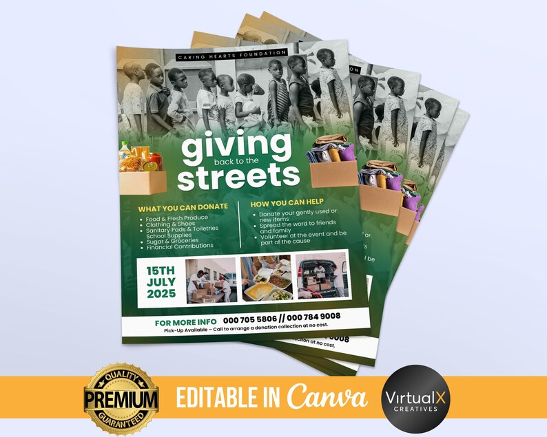 May include: A flyer for a charity event called "Giving Back to the Streets" hosted by the Caring Hearts Foundation. The flyer features a group of people in the background and a list of items that can be donated. The event will take place on July 15th, 2025. Contact information is provided for more information.