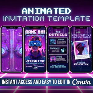 May include: Animated invitation template for a video game party with a retro 80s aesthetic. The template features a purple and blue color scheme with pixelated text and graphics. The text reads "Game On!" and "Join us for a VR Party".