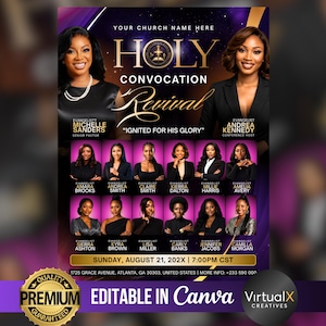 Puede incluir: Una plantilla de folleto digital para un evento Holy Convocation Revival con gráficos morados y dorados. El texto incluye "HOLY CONVOCATION," "REVIVAL," "IGNITED FOR HIS GLORY" y "EDITABLE IN CANVA." Muestra doce retratos de oradores.