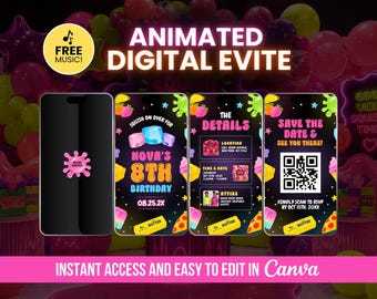 Animated Squishy Birthday Invitation, Neon Kids Party Evite (Digital Download)