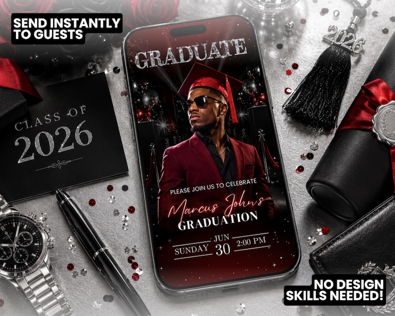 May include: A smartphone displays a graduation invitation with a photo of a graduate in a red suit and cap. The invitation includes the text "Marcus John's Graduation" and the date. Other items include a watch, pen, and a graduation tassel.