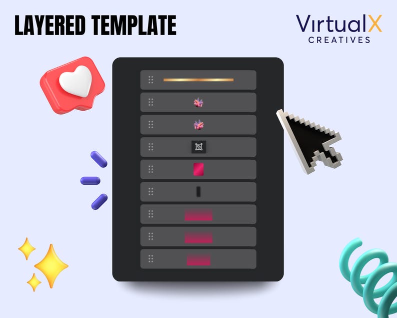 May include: A digital design template with the text "LAYERED TEMPLATE" and the logo "Virtual X Creatives". The image features a tablet-like interface with layered design elements, a cursor, a heart icon, and decorative elements.