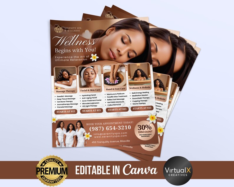 K&ouml;nnte beinhalten: Ein Flyer f&uuml;r Serenity Spa & Wellness, der eine Frau zeigt, die eine Fu&szlig;massage erh&auml;lt. Der Flyer wirbt f&uuml;r Massagetherapie, Gesichts- und Hautpflege, Hand- und Fu&szlig;pflege sowie Wellness- und ganzheitliche Dienstleistungen. Der Flyer bietet au&szlig;erdem einen Rabatt von 30% auf Ihre erste Buchung. Buchen Sie Ihren Termin noch heute unter (987) 654-3210.