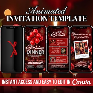 May include: Animated digital invitation template for a birthday dinner party. The template features a red and black color scheme with balloons, a birthday cake, and a text box for details. The text includes "Birthday Dinner", "Anita Jones", "30th Birthday", "Time & Date", "Location", "Attire", and "RSVP to Danny".
