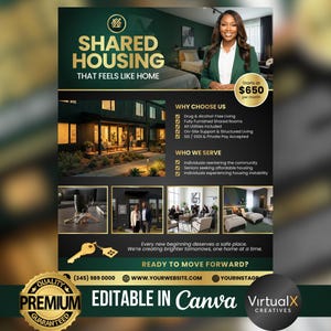 Puede incluir: Un folleto promocional para viviendas compartidas, con una mujer con una blazer verde. El folleto tiene texto dorado que dice "SHARED HOUSING THAT FEELS LIKE HOME". Incluye detalles sobre comodidades, servicios y a quién se sirve. El folleto también tiene el texto "EDITABLE IN Canva".