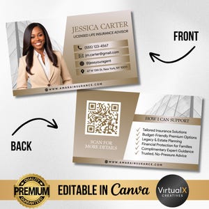 Tarjeta de presentación para agente de seguros de vida, tarjeta de presentación para asesor financiero, plantilla de planificación de jubilación, tarjeta de presentación para servicios de inversión, código QR de Canva