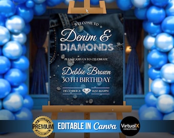 Denim and Diamonds Birthday Party Welcome Sign, DIY Cowgirl Denim Signage, Diamonds Birthday Dinner  Backdrop, Denim Welcome Sign Template