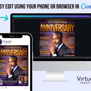 May include: A digital design template for a 3rd Pastoral Anniversary, displayed on a computer monitor and a smartphone. The design features a portrait of a man, with gold text on a purple background. The text includes "Anniversary", "Faith, Service, Hope", and "Called to Serve".