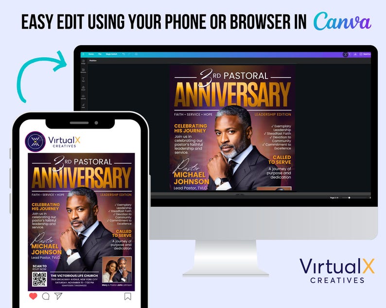May include: A digital design template for a 3rd Pastoral Anniversary, displayed on a computer monitor and a smartphone. The design features a portrait of a man, with gold text on a purple background. The text includes "Anniversary", "Faith, Service, Hope", and "Called to Serve".