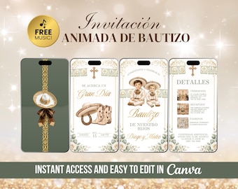 Invitación Animada de Bautizo, Digital Green Gold Brown Mexican Charro Boy Geschwistertaufe, bearbeitbar auf Canva (Sofortiger Download)