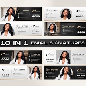 May include: Ten email signature templates showcasing a woman in a white blazer. Each design includes "Jessie Carter, Real Estate Agent", contact details, and social media icons. The text "10 IN 1 EMAIL SIGNATURES" is displayed in a bold, white font.