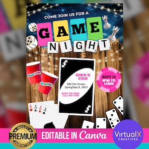 Invitación a fiesta de noche de juegos, anuncio de fiesta de juegos para adultos, invitación editable a fiesta de noche de juegos de mesa, folleto imprimible de noche de juegos de Canva