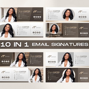 Könnte beinhalten: Eine Sammlung von 10 E-Mail-Signaturvorlagen. Jede Vorlage zeigt ein Porträt einer Frau in einem weißen Blazer, den Namen "Jessica Carter" und Kontaktinformationen. Das Horizon-Logo und Social-Media-Symbole sind ebenfalls enthalten. Der Text "10 IN 1 EMAIL SIGNATURES" ist zu sehen.