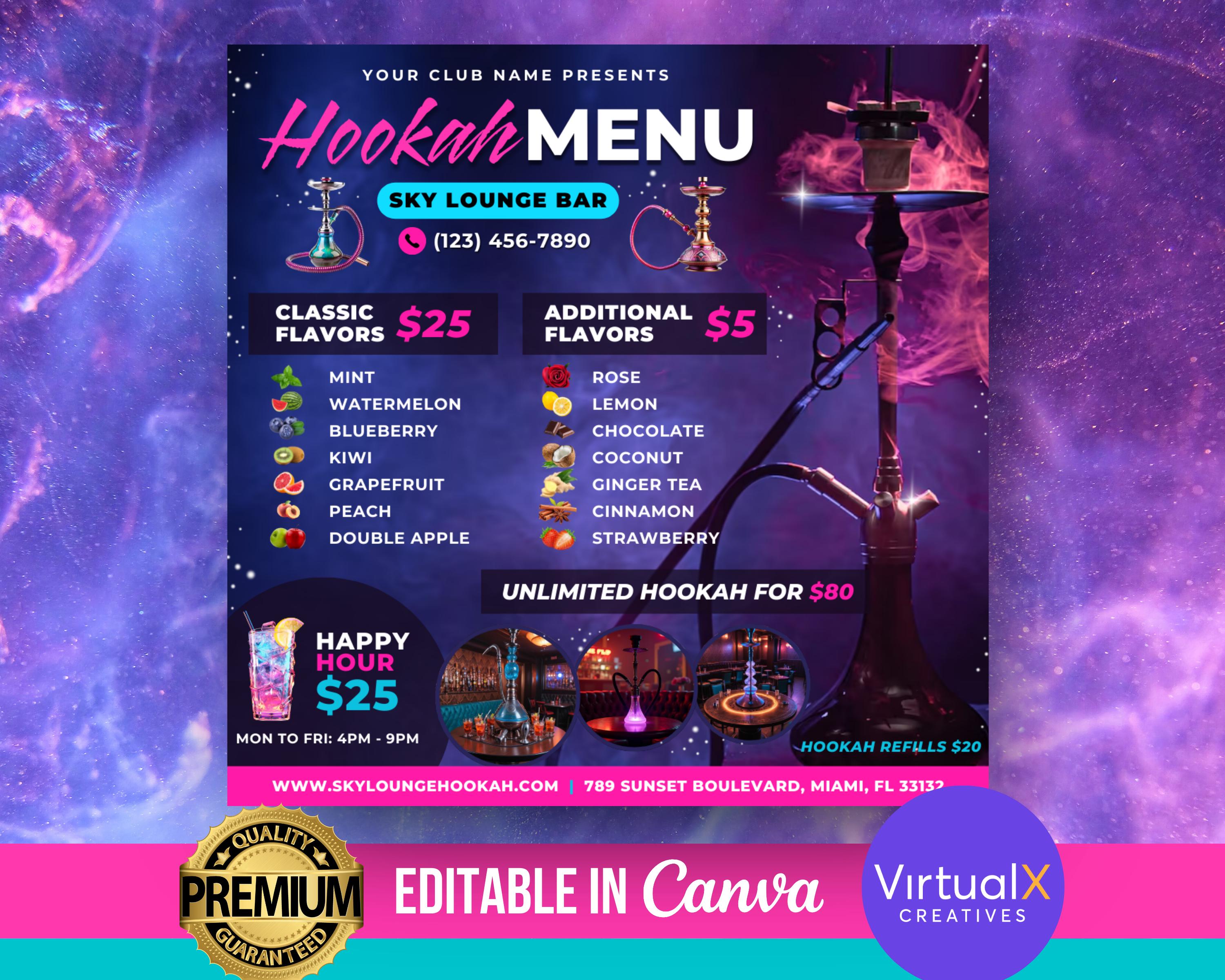 Hookah Menu Flyer, Editable Club Flyer Menu, Canva Menu Template, Luxury Menu Flyer, Happy Hour Printable, Hookah Lounge, DIY Canva Template
