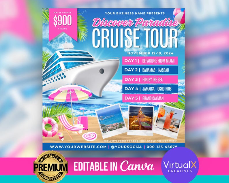 May include: A pink and blue cruise tour flyer with a white cruise ship, palm trees, and a beach scene. The flyer advertises a Discover Paradise Cruise Tour from November 12-19, 2024. The text "Discover Paradise Cruise Tour" is in a large, bold font. The flyer also includes the text "Your Business Name Presents" and "Editable in Canva".