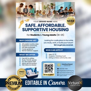 Könnte beinhalten: Werbeflyer für HarborNest Housing, der sich an Studenten und junge Erwachsene im Alter von 18 bis 25 Jahren richtet. Das Design zeigt eine Schlüsselgrafik, Text, der sich auf sicheres, erschwingliches und unterstützendes Wohnen konzentriert, sowie Details zu Annehmlichkeiten und Bewerbung. Der Flyer enthält den Text "EDITABLE IN Canva".