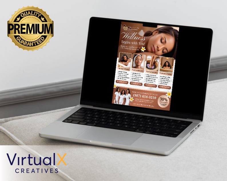 K&ouml;nnte beinhalten: Ein brauner und wei&szlig;er Flyer mit dem Text "Wellness Begins with You!" und einem Foto einer Frau, die eine Fu&szlig;massage erh&auml;lt. Der Flyer enth&auml;lt au&szlig;erdem eine Telefonnummer, eine Website-Adresse und ein Angebot mit 30% Rabatt.