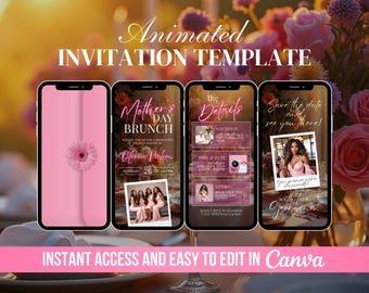 Muttertags-Brunch-Einladung, Mama und Mimosa animierte Einladung, Boho-Blumen-Brunch-Veranstaltung, digitales Happy Muttertags-Video Canva E-vite