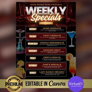 Weekly Specials Flyer, Restaurant Marketing Vorlage, Bar Grill Cocktails Karaoke Night Flyer, Club Events, Food Specials, Happy Hour Canva