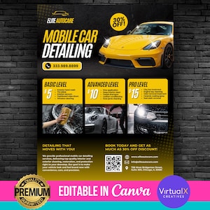 May include: A black and yellow flyer advertises mobile car detailing services. The flyer features a yellow sports car, a quality guarantee seal, and a price list for three levels of detailing: Basic, Advanced, and Pro. The flyer also includes a 30% off discount offer and contact information for Elite Autocare.