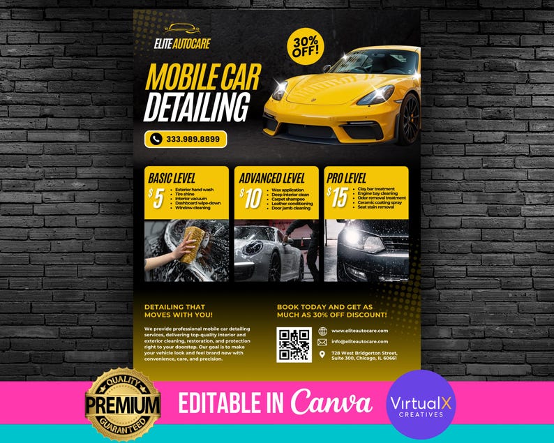 May include: A black and yellow flyer advertises mobile car detailing services. The flyer features a yellow sports car, a quality guarantee seal, and a price list for three levels of detailing: Basic, Advanced, and Pro. The flyer also includes a 30% off discount offer and contact information for Elite Autocare.