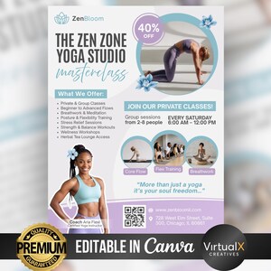 Flyer för yogaklass, flygblad för yogastudio, flygblad för yogainstruktör, flygblad för meditation, mall för yogafitness-mästarklass, andligt välbefinnande, Canva bild 6